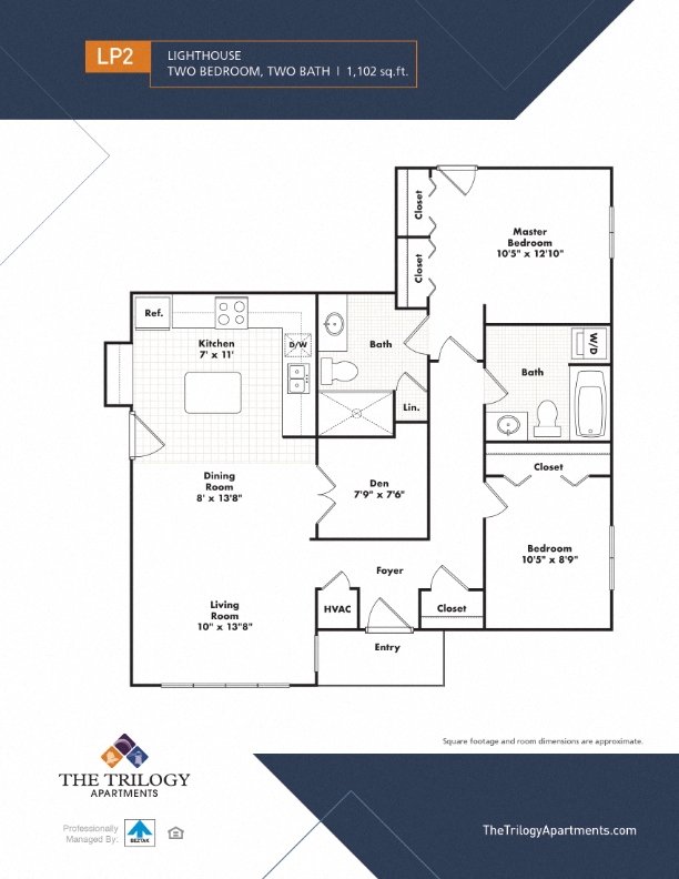 Floor plan for 2 beds, 2 baths, 1102 sqft
